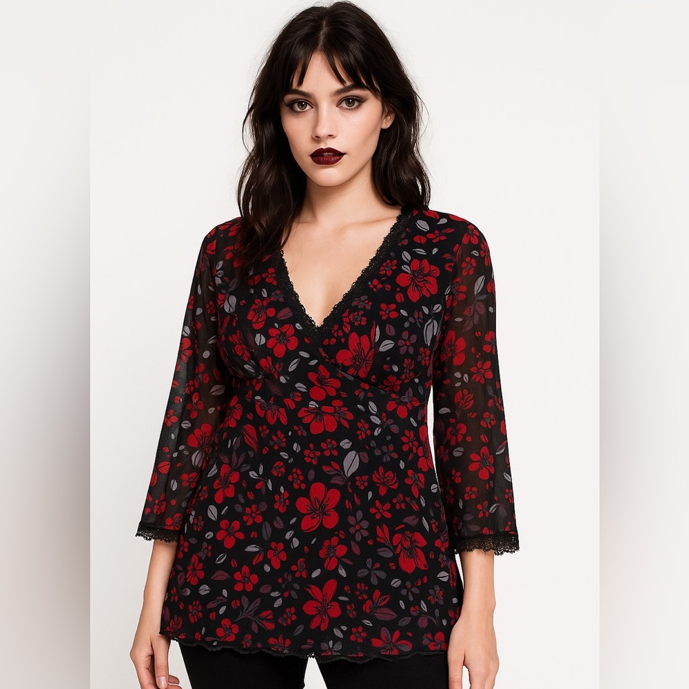 VTG Reitmans Women’s Babydoll blouse XL floral dark romantic whimsy fairy sheer